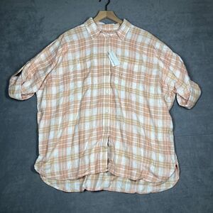 American Eagle Womens Shirt S Peach Plaid Linen Blend Roll-Tab Sleeves Oversized
